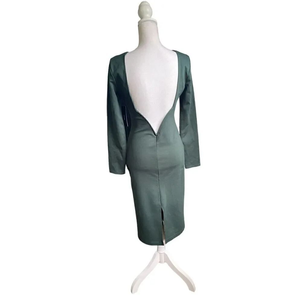 NWT Lulus Olive Green Open Back Long Sleeve Round Neck Dress Size L Party Knee L